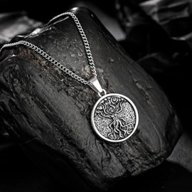 Tree of Life Necklace for Men, Antique Silver Carved Tree of Life Necklace with Curb Chain for Men and Women, Silver Stainless Steel Necklace 24 Inch (24inch, Antique Silver)