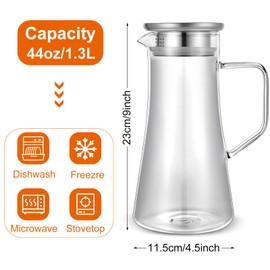 Kftamoetly 44 oz Glass Pitcher with Lid and Spout, Clear Hot & Cold Water Jug with Handle and Pour Spout for Iced Juice, Coffee, Milk, Coffee, Sun Lemonade, Water, Hot Tea