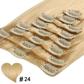 Elailite Hair Extensions Real Human Hair Clip in - 8 Pieces Thin Weft Full Head Remy Hair Straight - #24 Natural Blonde - 20 Inch (70 g)