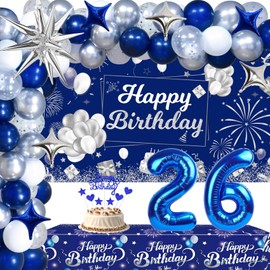 Blue 26th Birthday Decorations for Him Her, 26th Silver and Navy Blue Birthday Decorations for Men Women with Happy Birthday Backdrop Banner Tablecloth Balloons Arch Foil Balloons Party Supplies