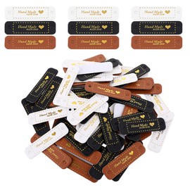 Vin Beauty Pack of 72 Handmade Labels for Sewing, Soft, Handmade with Love PU Leather Sewing Labels, Microfibre Leather Labels with Holes for Clothes, Bags and DIY Projects (Brown, White, Black)