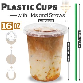 GGOLDMER 25 Set Clear Plastic Cups with Lids and Straws, 16oz Disposable Plastic Iced Coffee Cups with Lids Round Bottom for Coffee, Juice, Cold Drinks, Iced Latte