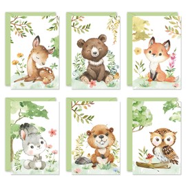 Whaline 36 Pack Woodland Thank You Cards Watercolor Cute Animal Blank Note Cards with Envelopes Stickers Green Forest Greeting Cards for Baby Shower Gender Reveal