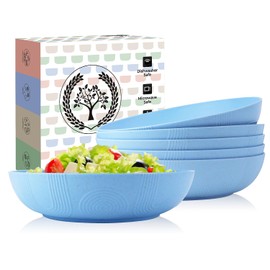 Homienly Wheat Straw Big Bowls Salad Bowls Set of 6 10 inch Serving Bowls 65 oz Large Bowls Plastic Plates Bowls Wide and Shallow Bowls for Kitchen Microwave & Dishwasher Safe-Sky Blue
