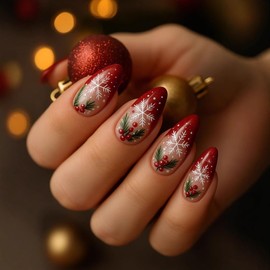 Christmas Press on Nails Medium Almond Fake Nails with Snowflake Christmas Fruit Designs Red French Tip False Nails Press on Winter Xmas Stick on Nails for Women 24Pcs
