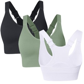 Atxnn Women's Sports Bra Adjustable Wide Shoulder Strap Yoga Bra Push Up Bustier Racerback Seamless Padded Without Underwire for Fitness Running Jogging, 3 Pieces (Black&White&Green)