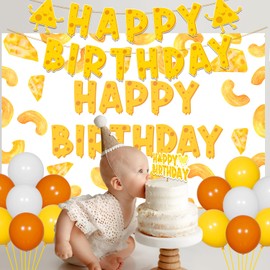 43Pcs Cheese Themed Birthday Party Decorations Sweet Cheesy Happy Birthday Banner Macaroni and Cheese Backdrop Cupcake Toppers for Kids Dairy Mac and Cheese Theme Pasta Pizza Birthday Party Supplies
