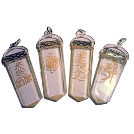 Set of 4 Flat Rock Crystal Pendant with Engraved Reiki Symbols