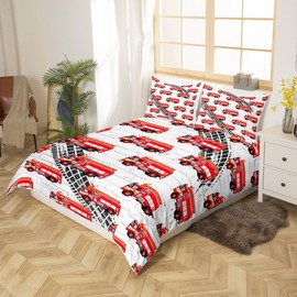 Manfei Fire Truck Duvet Cover Set Single Size, Red Fire Engine Bedding Set 2pcs for Kids Boy Bedroom Decor, Firefighting Truck Fireman Car Comforter Cover Soft Polyester Quilt Cover with 1 Pillowcase
