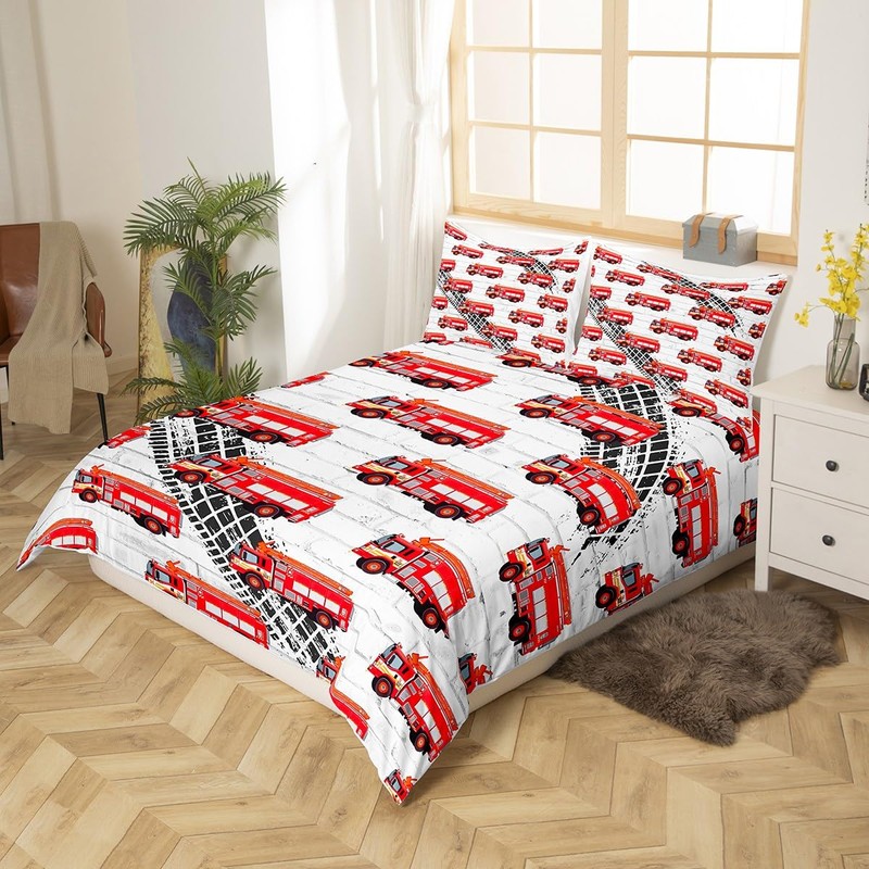 Manfei Fire Truck Duvet Cover Set Single Size, Red Fire