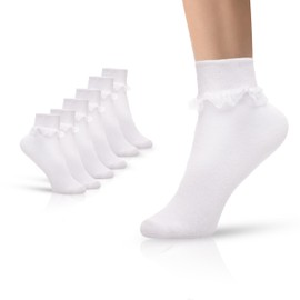 Girls Frilly Socks 6 Pairs Cotton Rich | Home, School, Everyday Wear, Dress | Lace Trim, Casual Super Soft White Frilly Socks Girls | Durable, Lightweight, Breathable, Quick Drying | Sizes 2-14 Years