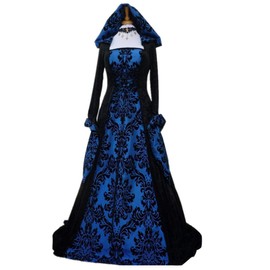 STIOEDYUAN Women Victorian Gothic Hooded Witch Dress Vampire Sorceress Vintage Renaissance Ball Gown (Blue, 2X-Large)
