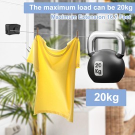 Clothesline Retracting Indoor,Non-Sagging Outdoor Clothes Line retracting,Dry and Wet Clothes on Heavy Duty Outdoor Clothing Lines,Wall Mounted Stainless Steel Line,Holds 44 lbs,16.7 ft (Black)