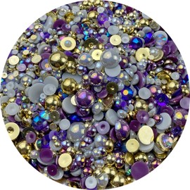 Mix Flatback Pearls and Rhinestone,60g Resin Rhinestones Half Round Pearls for Crafts 3mm-10mm AB Color Half Pearl Flatback Rhinestone for Nail Face Art,Bottles (Gold Purple Gray Series)