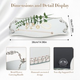 Vintage Mirrored Vanity Tray, Rectangle Perfume Tray Brass Decorative, Jewelry, Makeup, Trinket Organizer with Handles for Dresser Bathroom, Bedroom, Bar Countertops, 14.96 * 7.09 in, Silver