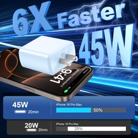 16 Pro Max Charger Fast Charging,45W Phone 16 Charger USB C Super Fast Charger Block &10FT Long Type C Charger Cable Cord for Phone 16/16 Pro/16 Pro Max/16 Plus/15/15 Pro Max,Galaxy,Blue