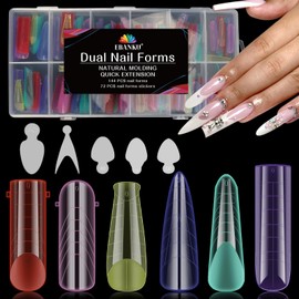 EBANKU 144 Pieces Polygel Tips Nail Shapes, Reusable Dual Tips Nails for Nail Extension, Acrylic Coffin Nail Extension Tips, Nail Tips Shape with 72 Pieces French Forms Stickers (6 Styles)