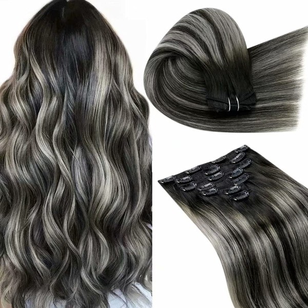 LaaVoo Ombre Clip in Hair Extensions Off Black Fading to Silver Grey 22inch Balayage Clip in Extensions Remy Human Hair Silky Straight Full Head Set 7pcs 120g