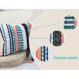 NUYECY Boho Throw Pillow Covers 16x16 Aesthetic Neutral Boucle Couch Pillow Cover Rainbow Striped Decorative Accent Pillow Case for Couch Bed Sofa Farmhouse Bedroom,Modern Funky,Set of 2 Turquoise