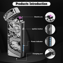 LcFun Rechargeable Lighter USB Electric Arc /Plasma Lighters Cool Windproof Flameless Lighters with LED Display Power for Candle, Incense Stick, Outdoor Camping (Black Dragon)