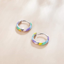 Qings Mini Multicoloured Hoop Earrings for Women Silver 925 Colourful Black White Purple Yellow Yin Yang Rainbow Huggie Hoops Earrings Girls Enamel Cartilage Earrings Jewellery Gifts, Sterling Silver,