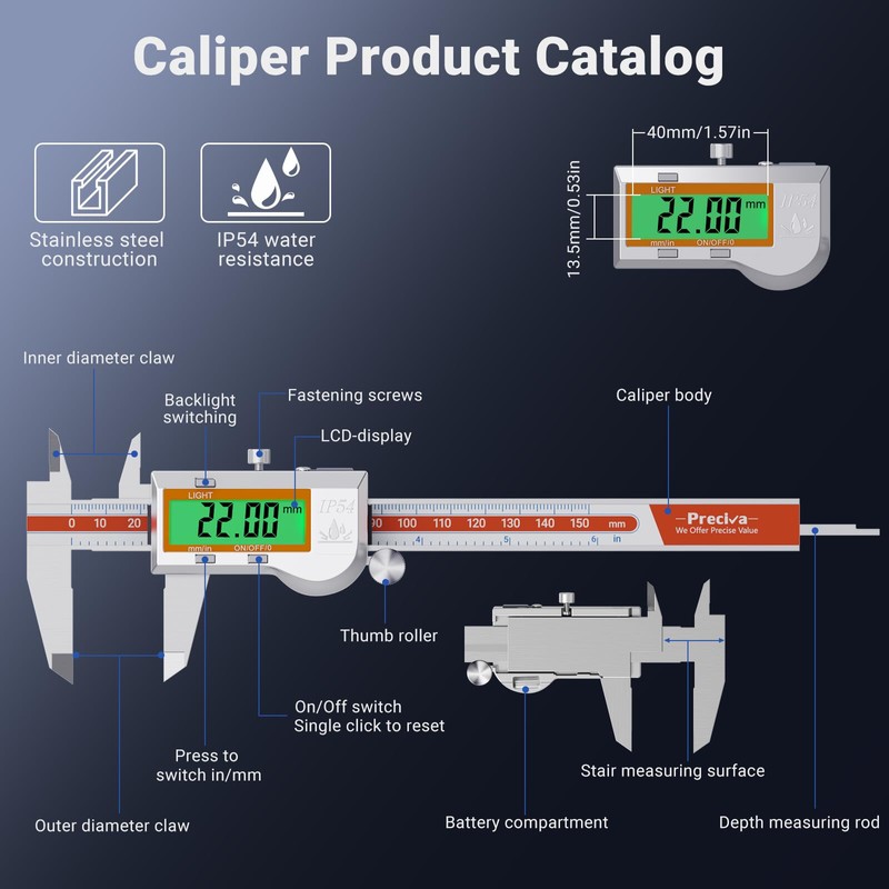 Preciva Digital Vernier Caliper,150mm Backlit Vernier Caliper, IP54 Waterproof Digital