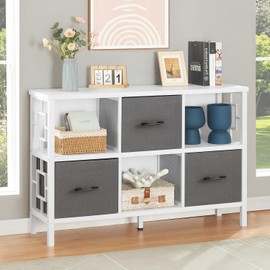 HOMISSUE 6 Cube Storage Organizer Shelf, Rustic Short Bookshelf with 3 Cube Storage Bin, Industrial Horizontal Bookshelf with Metal Frame, Low and Wide Bookcase for Living Room and Office, White