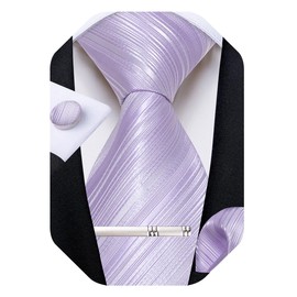 DiBanGu Mens Silk Necktie Solid Color Tie and Pocket Square Cufflink Tie Clip Set Woven Plain Ties for Men Wedding Party, Lilac