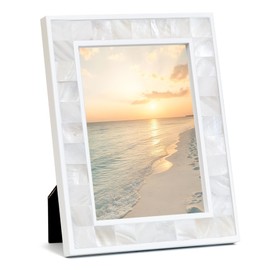 Tanmicoshomy Picture Frames 5x7 Inch, White Natural Shell Inlay Photo Frame, Unique Hnadmade Tabletop or Wall Hanging Display for Family Photos, Wedding Pictures (White, 5x7)
