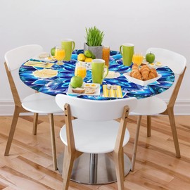 Round Fitted Tablecloth with Elastic Edged Boho Mandala Washable Polyester Table Cover for Outdoor Indoor Party Wedding Use - Fits Tables up to 40"-44" Diameter