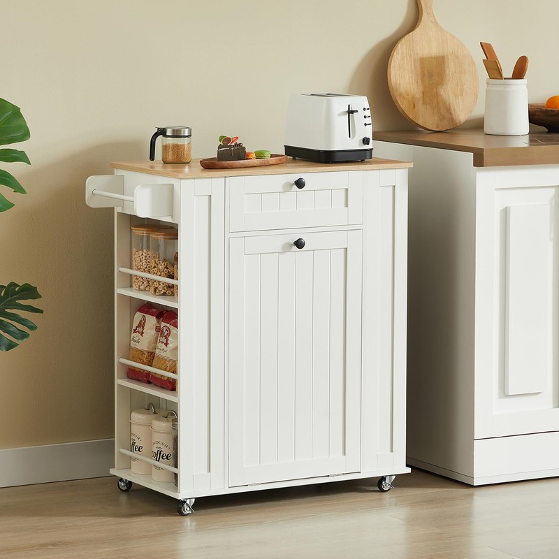 Rolling Kitchen Island with Trash Can Cabinet, 6-Tier Spice Rack,
