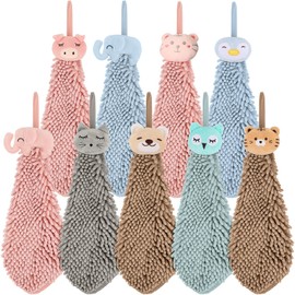 9 Pack Cute Chenille Soft Hanging Hand Towels, Funny Cartoon Animal Hand Towel with Hanging Loop, Kids Hand Towel Set Absorbent Thick Kitchen Bathroom Towels Bulk, 5 Colors