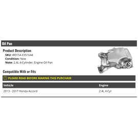 Engine Pan - Compatible with 2013-2017 Honda Accord 2.4L 4-Cylinder