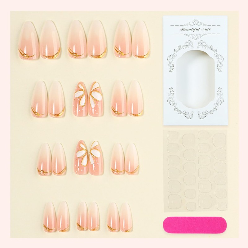 24Pcs White Flower Press on Nails Medium Length Almond Fake