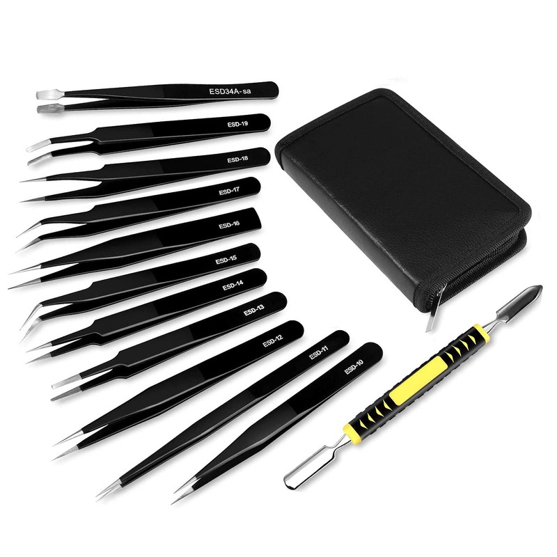 Cisixin 12-Piece Stainless Steel Precision Tweezers Set, Precise Tweezers, Multifunctional