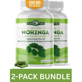2-Pack of Pura Vida Moringa Capsules (1000mg) for Immune Support, Gut Health Vitamins