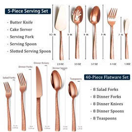 45-Piece Silverware Set with Serving Utensils Set, Rose Gold Hammered Stainless Steel Flatware for 8, Food-Grade Tableware, Including Fork, Knife, Spoon Set, Home Kitchen Cutlery, Dishwasher Safe