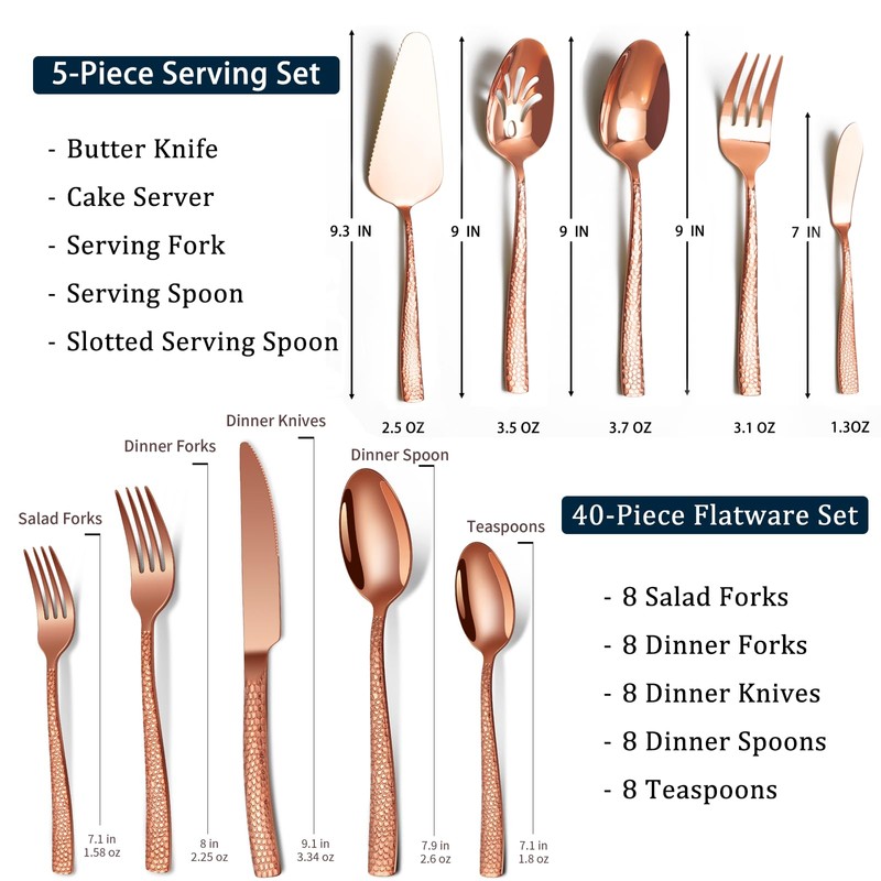 45-Piece Silverware Set with Serving Utensils Set, Rose Gold Hammered