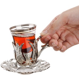 DEMMEX Turkish Tea and Coffee Serving Set for 2, 2 Glasses, Metal Glass Holders, Saucers, Spoons, Sugar Bowl with Lİd and Tray, Engraved, 3.3 fl Oz Capacity, 12x4 inches (Zamak Metal, Silver)