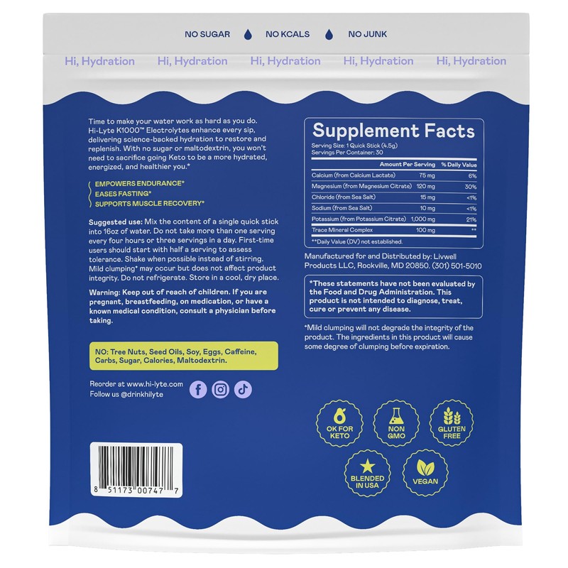 Hi-Lyte K1000 Hydration Packets Unflavored Keto & Performance, 30 Servings