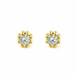 Mondepetit Baby Girl Earrings Yellow Gold 9 Carat Round Zirconia Shiny Gift Box, Yellow Gold