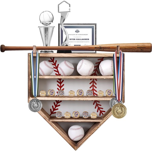 Baseball Display Case, Wood Display Rack for Bat, Trophy, and