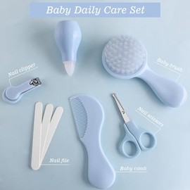 Baby Grooming Kit 6 - Piece Set in Storage Bag(Blue) - Soft Brush, Comb, Nail Clippers, Nasal Aspirator, Safety Scissors & File for Newborn/Toddler Ca