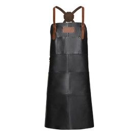 Theodore Extra Large Black Leather Apron - Cross Back Leather Apron for Men With Brown Leather Straps - Personalization With Snap On Patch - Apron With Pockets - Fits XL and XXL