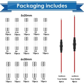Eoppen 10Pcs 5x20mm / 6x30mm 18 AWG Fuse Holder Inline Screw Type + 15 Values 150Pcs Fast Blow Glass Fuses 250V 0.2A 0.5A 1A 2A 3A 5A 8A 10A 12A 15A 5x20mm, 250V 0.5A 1A 5A 10A 15A 6x30mm