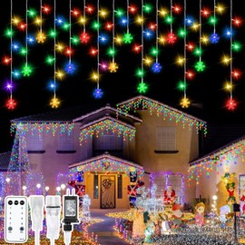 VIHOSE Christmas Snowflake Icicle Lights Outdoor Decorations, 16.4 ft 200 LED 38 Drops, 8 Modes Memory Timer Remote, Connectable Plug in Waterproof String Lights for Holiday Wedding Decor(Multicolor)