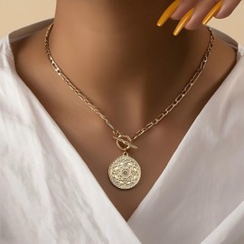 ALRNBY Gold Chain Necklace for Women Trendy Silver Coin Pendant Chunky Chain Necklace Toggle Clasp (ST1, Gold)