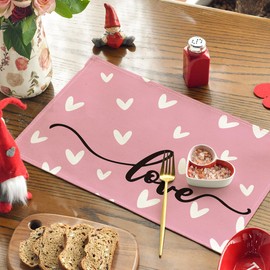 Artoid Mode Pink Love Valentine's Day Placemats Set of 4, 12x18 Inch Seasonal Table Mats for Party Kitchen Dining Decoration