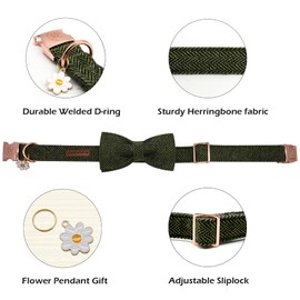 Elegant little tail Christmas Dog Collar with Bow - Herringbone Green Dog Collar Bow Durable Bow Tie Collar for Small Dogs