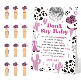 51 Pcs Don't Say Baby Shower Game, Cowgirl Sign with 50 Clothespins, Pink Cowgirl Theme Baby Shower Hat Clothes Pin Game, Fun Gender Reveal Newborn Announcement Event Party Supplies, 01